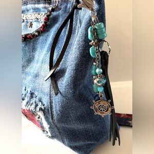 Turquoise Bag Charm – Nautical Leather Tassel with Crystals-Length: 7 inches